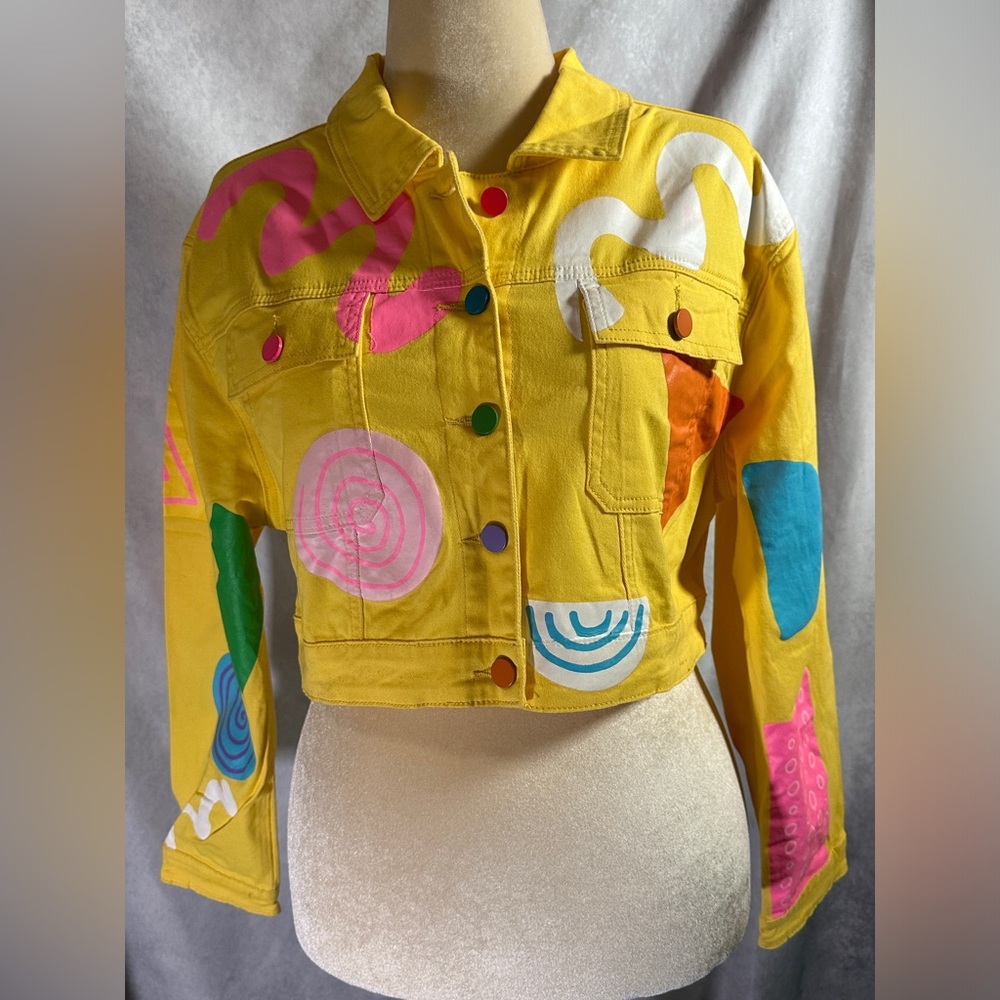 Dolls Kill Zig Zag Lemon Drop Cropped Trucker Jacket 90s Y2K Shapes